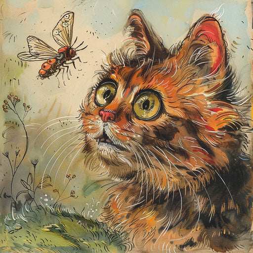 Louis Wain cat staring at an insect