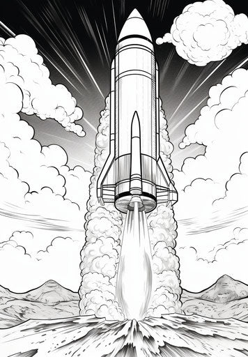 Rocket themed coloring pages, precisionist art style