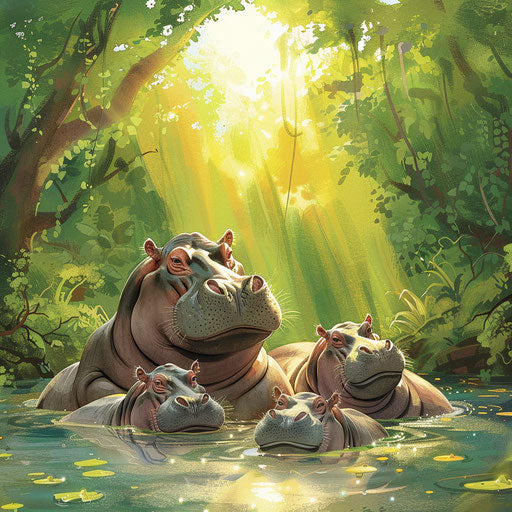 Family of hippos lounging in a sun-dappled river