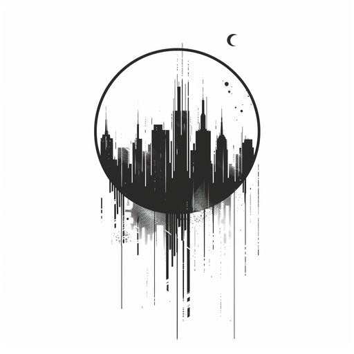 Flat tattoo sketch of a circle with a minimalist city skyline cutout