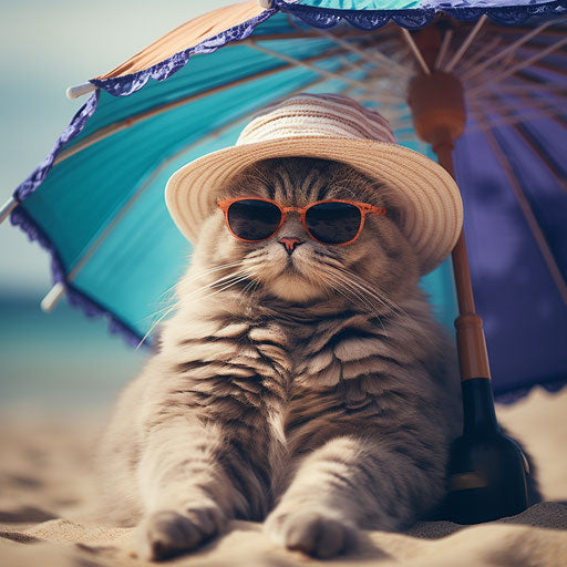 Cat with hat and sunglasses at beach holding umbrella