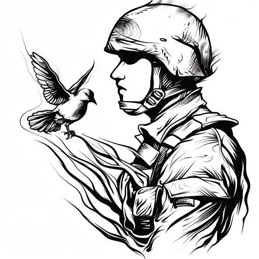 Soldier and peace dove in minimalist black on white