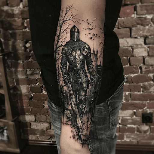 Detailed knight forearm tattoo for men, Adrian Smith style
