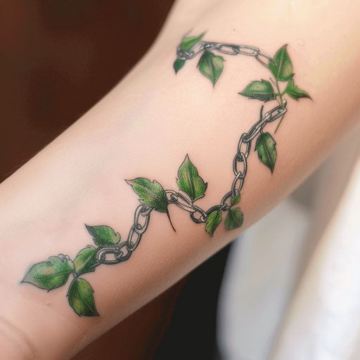 Eco-themed chain tattoo with green vines and leaves