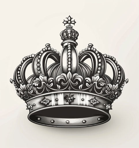 Detailed black and white crown engraving, hyperrealistic details