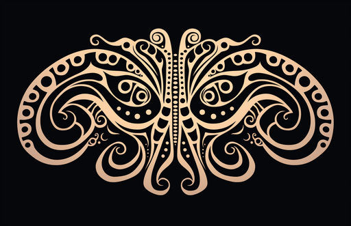 A simple tribal design depicting an octopus with two eyes and a wide mouth