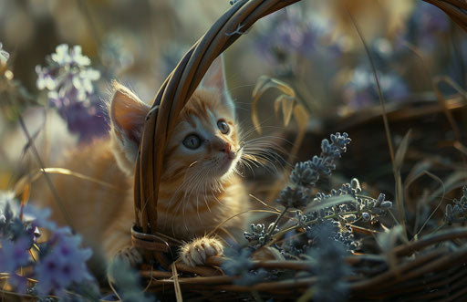 basket with a small kitten and a purple flower