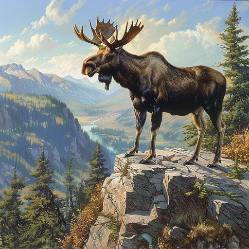 A moose standing on a rocky cliff overlooking a valley