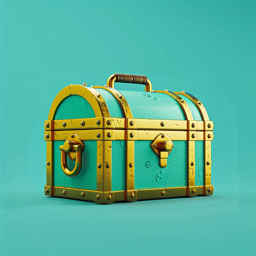 Realistic treasure box clipart on turquoise background