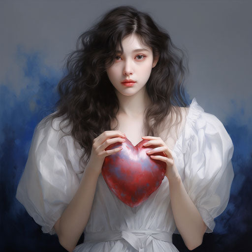 A girl in white and blue holding a heart, Shige's visual style