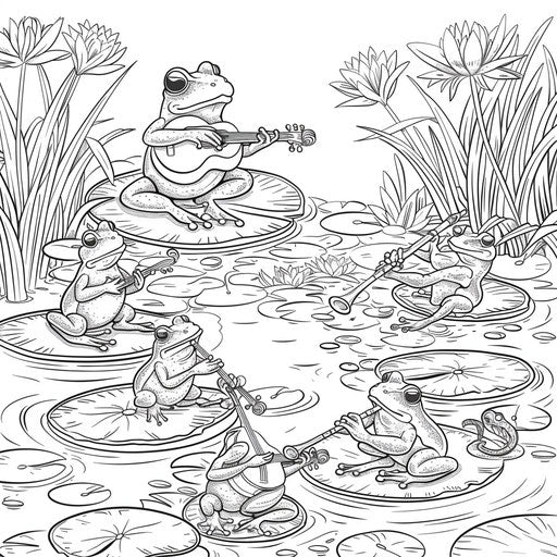 Frogs on lily pads playing musical instruments in a pond