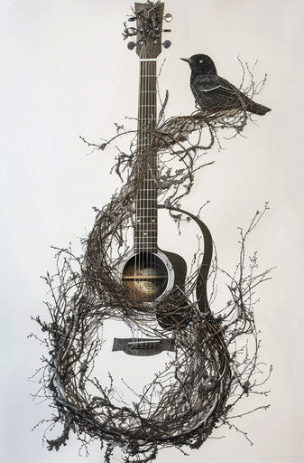Acoustic guitar and bird drawing in vine style