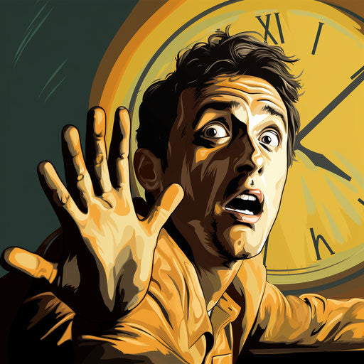 The clock icon pointing with raw emotions in a quirky cartoon scene
