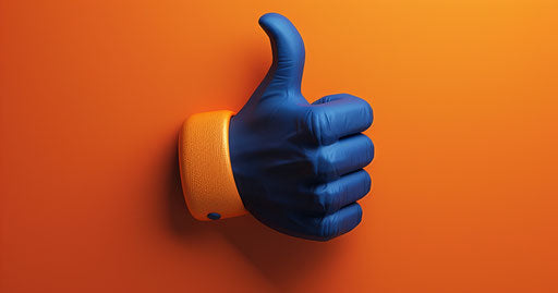 Thumb up to icon, light orange and dark blue style