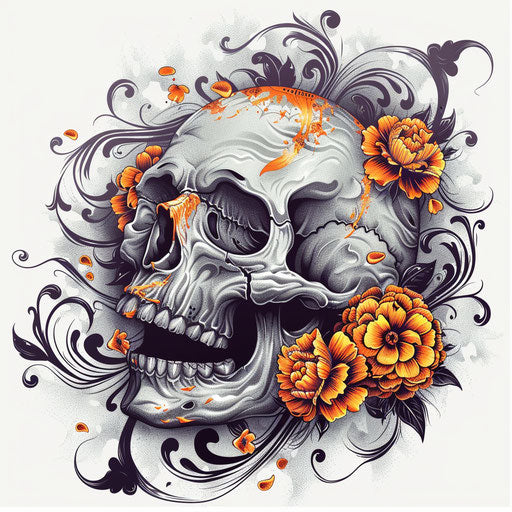 Dynamic flat tattoo sketch of a Calavera surrounded by swirling marigold flowers