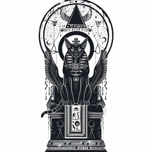 Classic flat tattoo sketch of Bastet seated on a throne with an obelisk background
