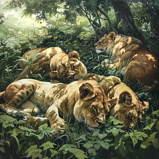Pride of lions resting in the peaceful grass
