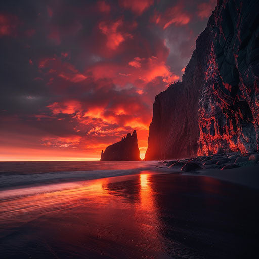 Rocky beach with steep cliffs against a fiery sunset
