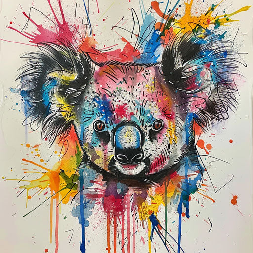 Modern flat tattoo design with a koala and splattered colorful ink drops