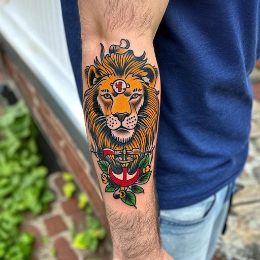 Lion forearm tattoo with nautical symbols