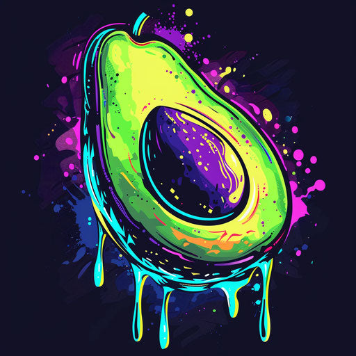 Dynamic flat tattoo sketch of an avocado with abstract neon splashes