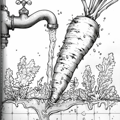 Carrot being washed under a faucet. Coloring page