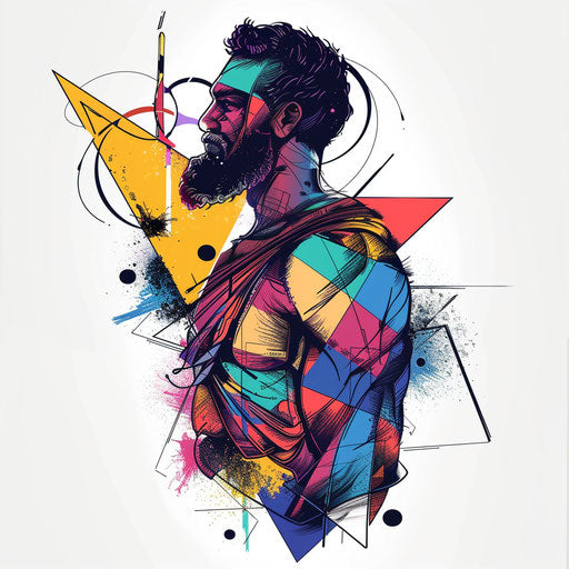 Bold abstract tattoo sketch of Hercules with geometric shapes and vibrant hues