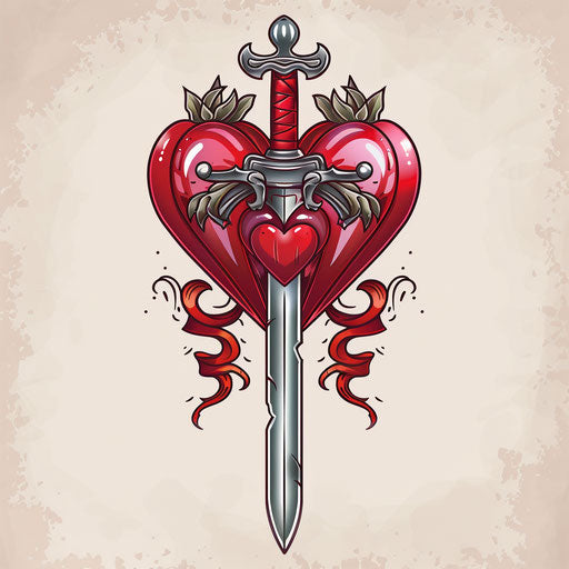 Flat tattoo sketch of a romantic Russian mafia heart with dagger, soft reds and silvers, clipart design
