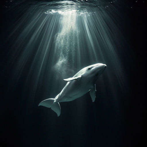 White whale emerging from depths with light filtering through
