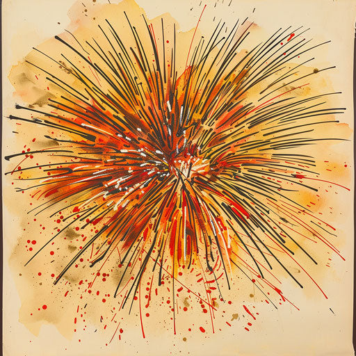 Dynamic tattoo sketch of a fireworks display bursting in reds and golds