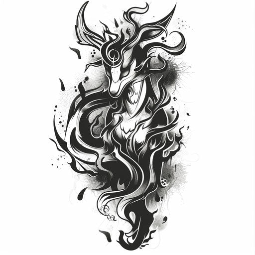 Mythical creature emerging from mist in stylized flat tattoo sketch, representing dreams