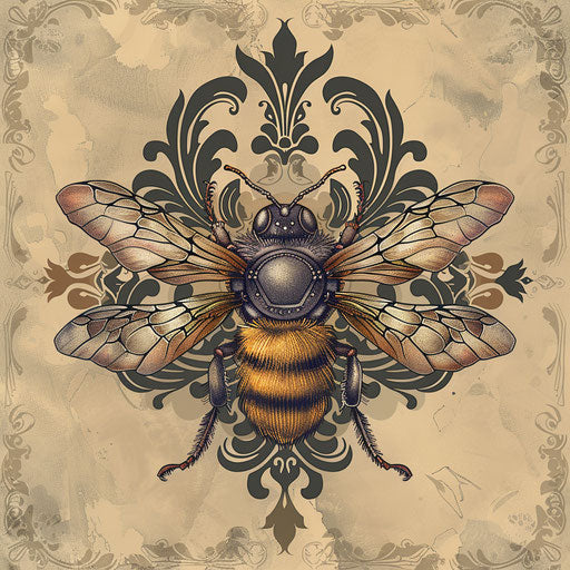 Sophisticated tattoo sketch of a queen bee with baroque details and a rich color palette in a flat style