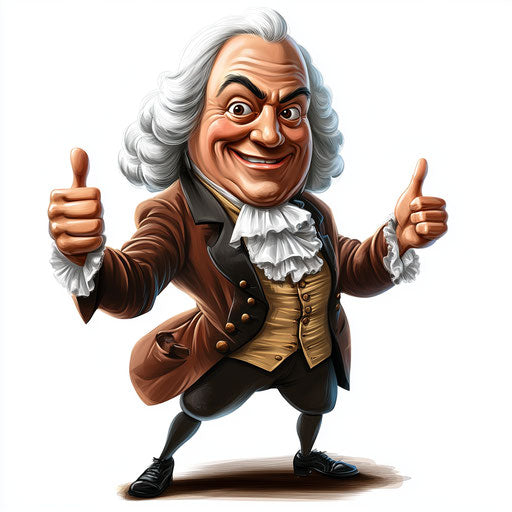 Humorous caricature of a Johann Sebastian Bach clipart with human characteristics, exaggerated expressive eyes, muscular arms, playing with a toy, vibrant colors, cartoon style, thumbs up, high resolution, isolated
