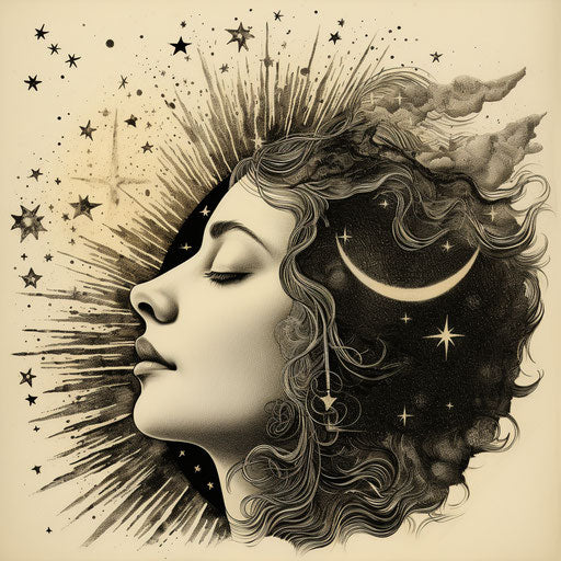 Hand made drawing on the face of the moon with rays and flare