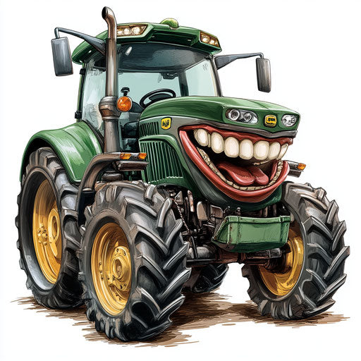Humorous caricature of a tractor with human characteristics