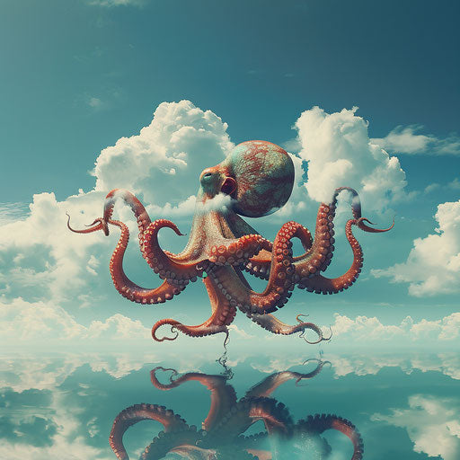 Octopus floating in the clouds above the water