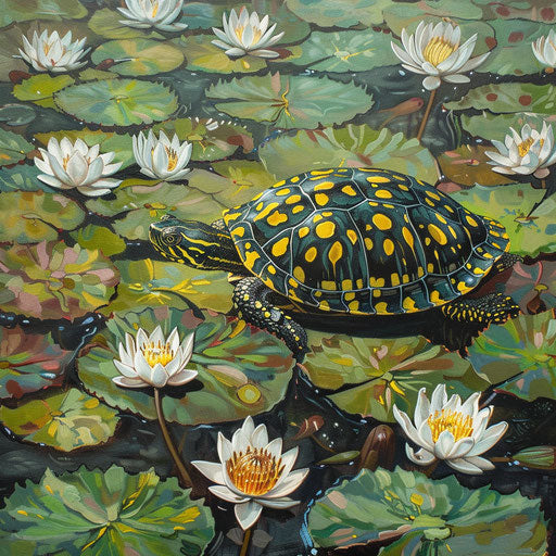 A yellow spotted turtle navigating through a carpet of water lilies in a marshy wetland