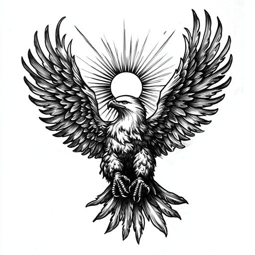 Eagle hand tattoo with sunburst motif