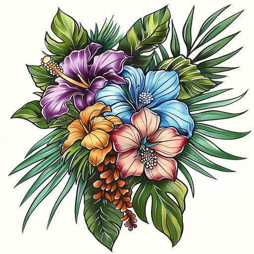 Bold and bright flat tattoo sketch of a tropical flower bouquet