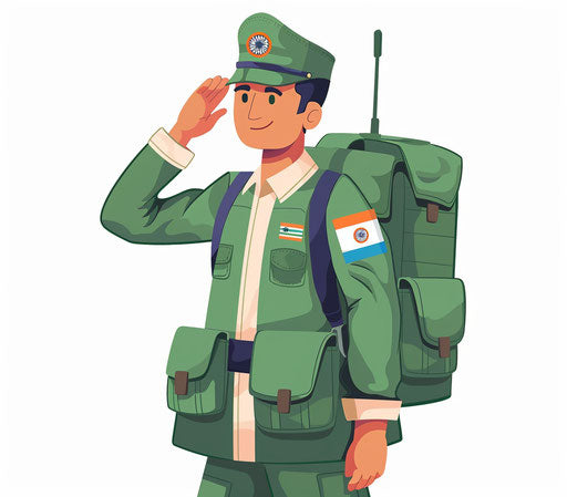 Indian soldier saluting in green and white uniform with bag