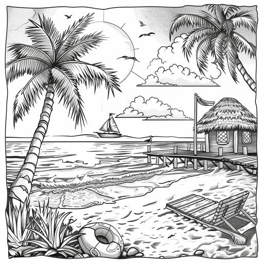 Fun summer beach scene for a holiday vacation. Coloring book page