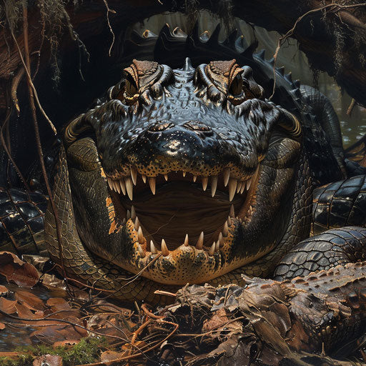 An alligator fiercely guarding its nest