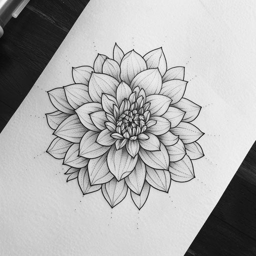 Bold Black Line Dahlia Tattoo Sketch with Stippling