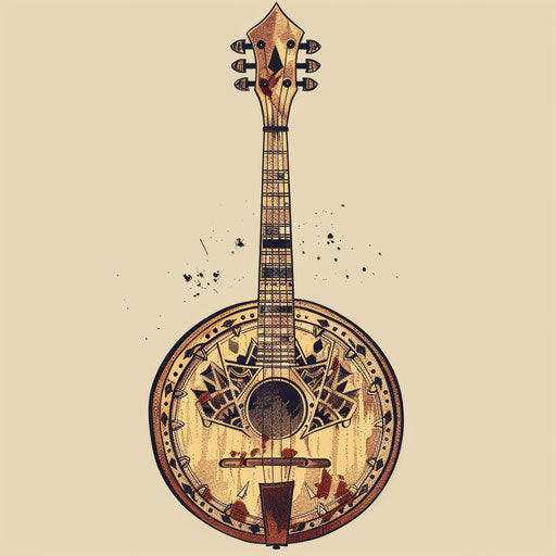 Rustic tattoo sketch of a banjo with traditional folk patterns, earth tones, clipart flat style