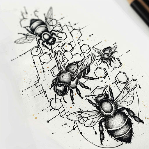 Intricate flat tattoo sketch with honeycomb hexagons and bees