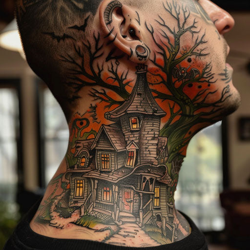 Haunted house themed side neck tattoos