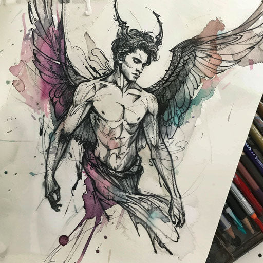Artistic flat tattoo sketch of Lucifer with watercolor wings