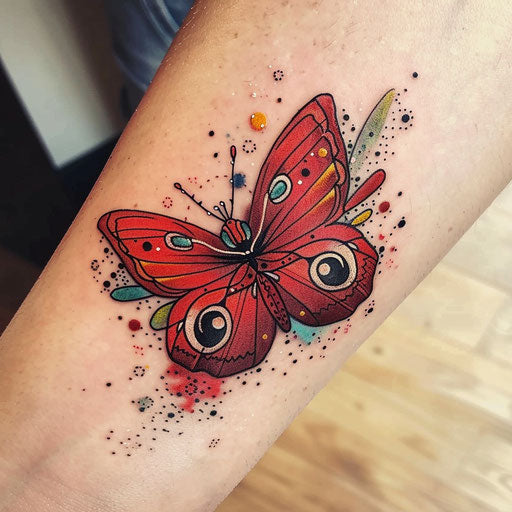 Sketch of a playful red butterfly with cartoonish eyes and colorful polka dots tattoo