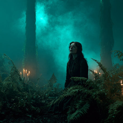Eerie Mist and Ferns in a Dark Forest
