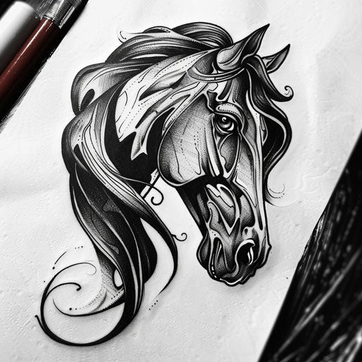 Bold sketch of black horse head with fierce eyes